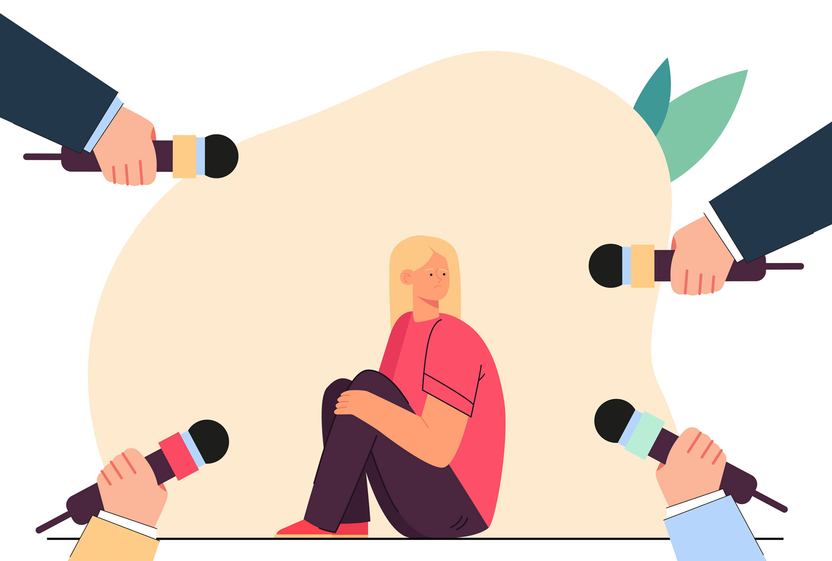 Girl sitting on floor surrounded by hands holding microphones