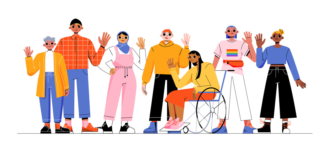 Group of multiracial multicultural people girl in wheelchair lgbt person and elderly woman