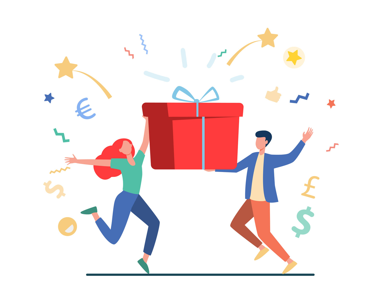 Man and woman winning prize holding gift box