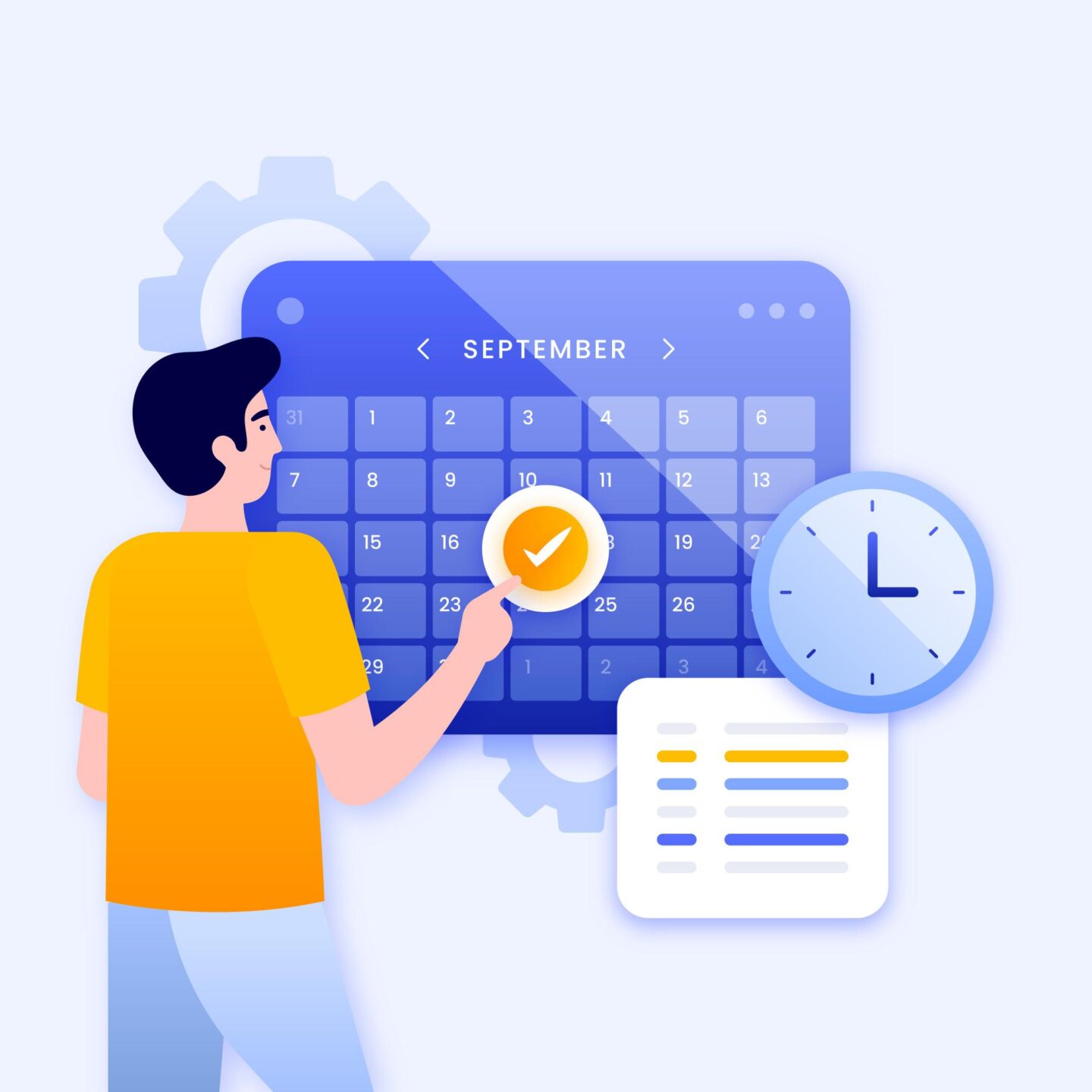 Illustration of character selecting date and time on a calendar
