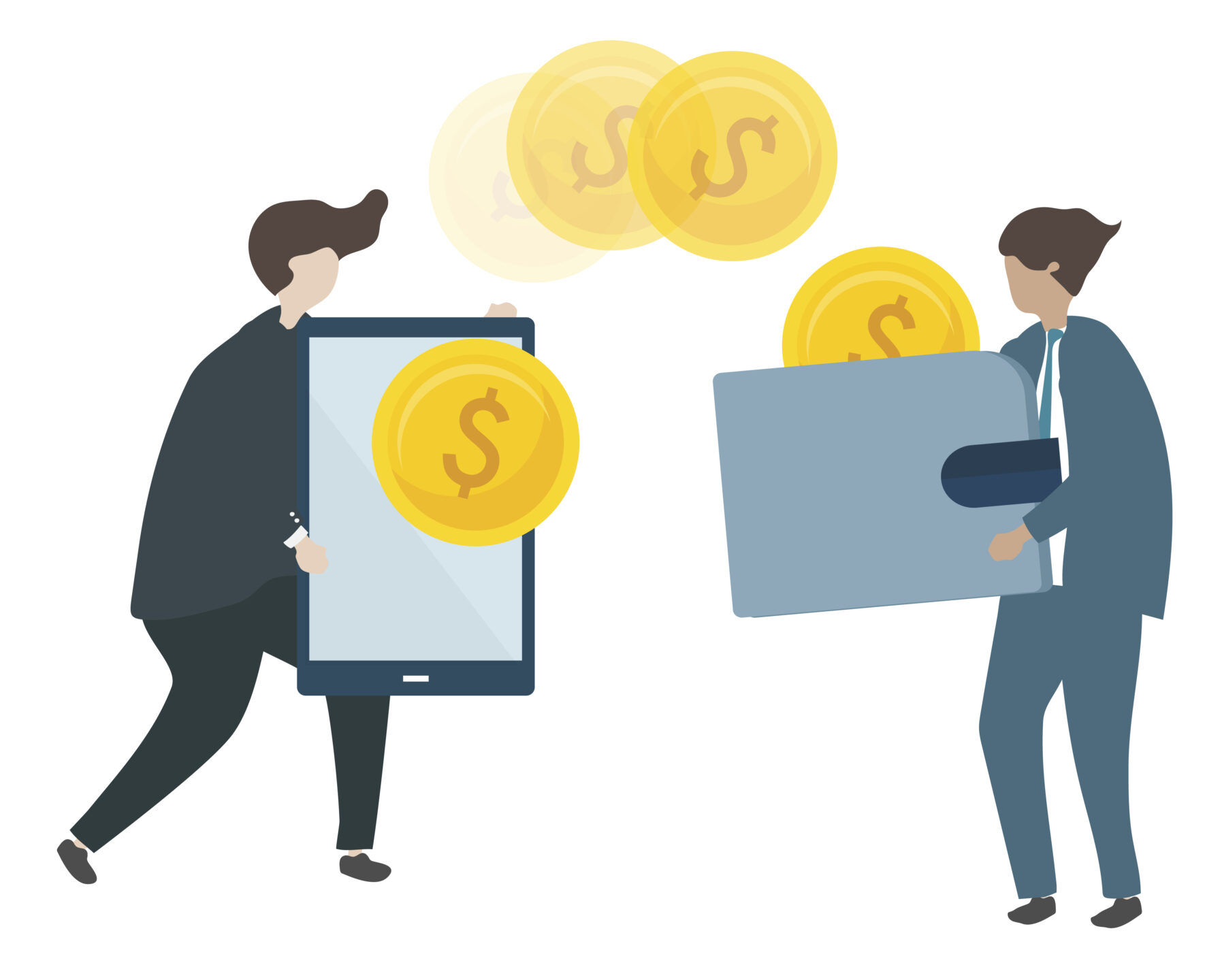 Illustration of characters transacting money